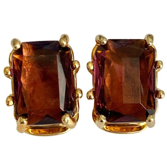 Vintage Purple Glass Clip On Earrings Jeweled Cut Gold Plated Huggie 70's USA - Picture 1 of 10